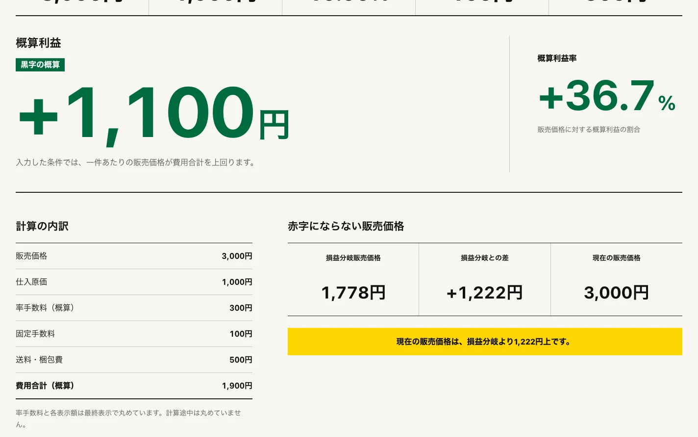 販売利益の結果の比較画面