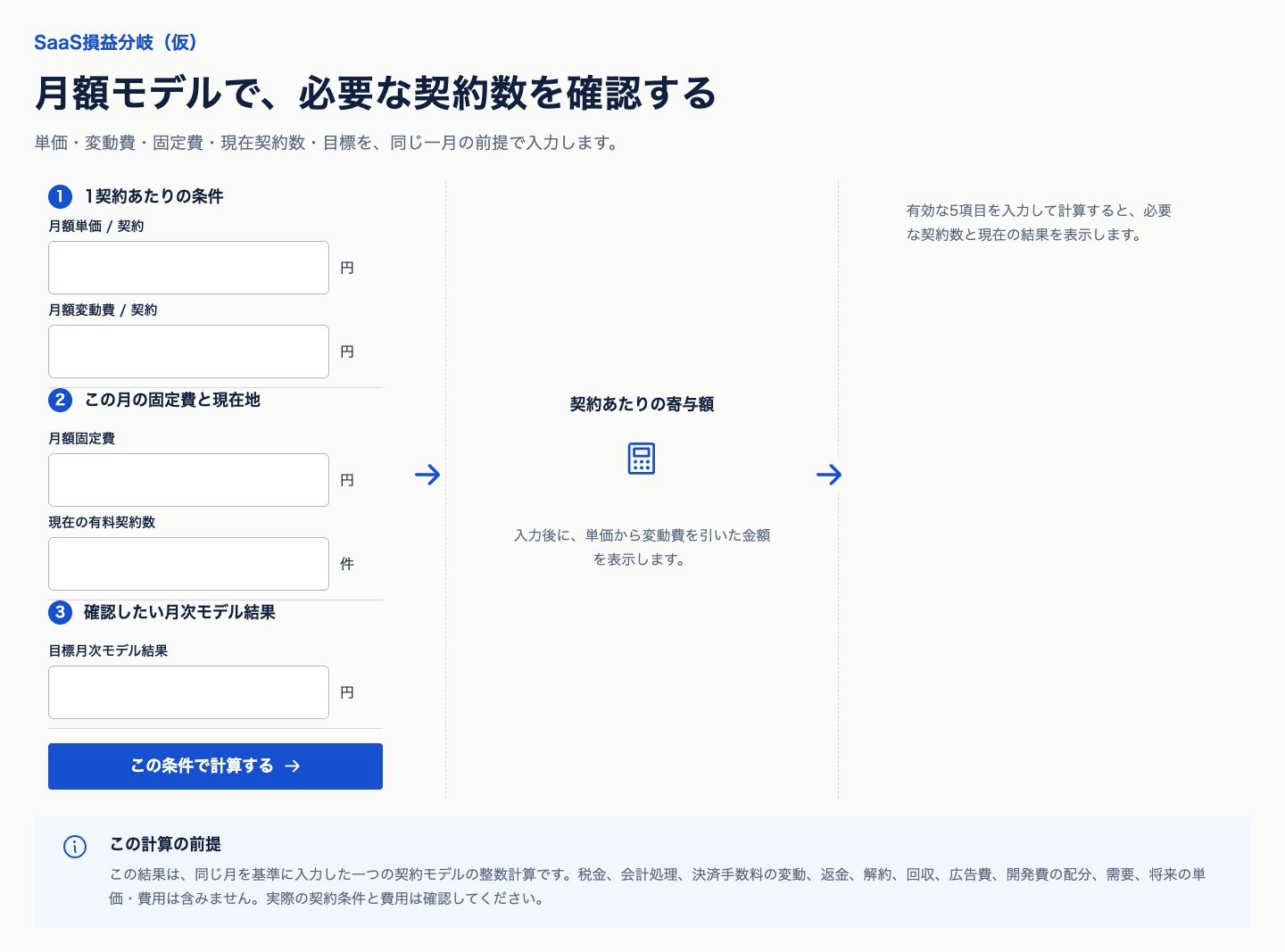 SaaS損益分岐の条件入力画面